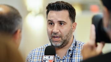 Nov 9, 2022; Las Vegas, NV, USA; Atlanta Braves general manager Alex Anthopoulos answers questions from the media during the MLB GM Meetings at The Conrad Las Vegas. Mandatory Credit: Lucas Peltier-Imagn Images