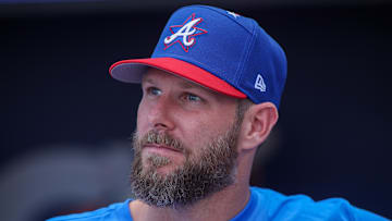 Jul 14, 2025; Atlanta, GA, USA; National League pitcher Chris Sale (51) of the Atlanta Braves during workouts before the 2025 MLB All Star Game at Truist Park. Mandatory Credit: Brett Davis-Imagn Images