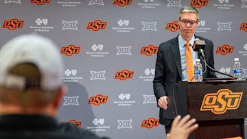 Oklahoma State Athletic Director Chad Weiberg speaks at a press conference following the firing of head football coach Mike Gundy in Stillwater, Okla., on Tuesday, Sept. 23, 2025.