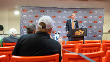 Oklahoma State Athletic Director Chad Weiberg speaks at a press conference following the firing of head football coach Mike Gundy in Stillwater, Okla., on Tuesday, Sept. 23, 2025.
