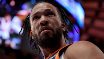 Nov 15, 2024; New York, New York, USA; New York Knicks guard Jalen Brunson (11) reacts after a basket and a foul during the fourth quarter against the Brooklyn Nets at Madison Square Garden. Mandatory Credit: Brad Penner-Imagn Images