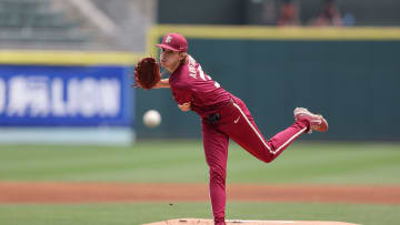 May 25, 2024; Charlotte, NC, USA; Florida State pitcher Andrew Armstrong (37) throws a pitch in the first inning against Wake Forest during the ACC Baseball Tournament at Truist Field. Mandatory Credit: Cory Knowlton-USA TODAY Sports