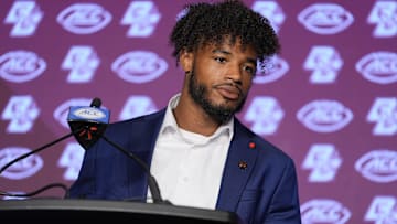 Jul 24, 2024; Charlotte, NC, USA; Boston College Eagles quarteback Thomas Castellanos speaks to the media during the ACC Kickoff at Hilton Charlotte Uptown. Mandatory Credit: Jim Dedmon-Imagn Images