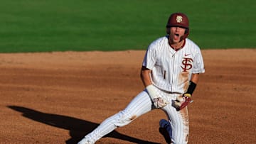 Florida St. infielder Alex Lodise (1) reacts to his double at second base during the first inning of an NCAA college baseball matchup Tuesday, March 25, 2025 at VyStar Ballpark in Jacksonville, Fla. FSU rallied to defeat UF 8-4 off a walk-off grand slam from Alex Lodise in the ninth inning. [Corey Perrine/Florida Times-Union]