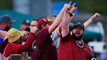 Florida St. Seminoles fans cheer during the fifth inning of an NCAA college baseball matchup Tuesday, March 25, 2025 at VyStar Ballpark in Jacksonville, Fla. FSU rallied to defeat UF 8-4 off a walk-off grand slam from Alex Lodise in the ninth inning. [Corey Perrine/Florida Times-Union]