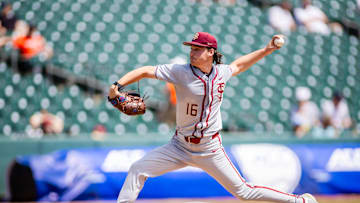 May 24, 2024; Charlotte, NC, USA; Florida State Seminoles pitcher Jamie Arnold (16) in the third inning against the Virginia Cavaliers during the ACC Baseball Tournament at Truist Field. Mandatory Credit: Scott Kinser-Imagn Images