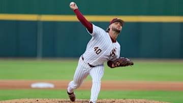Florida St. pitcher Joe Charles (40) pitches during the fourth inning of an NCAA college baseball matchup Tuesday, March 25, 2025 at VyStar Ballpark in Jacksonville, Fla. FSU rallied to defeat UF 8-4 off a walk-off grand slam from Alex Lodise in the ninth inning. [Corey Perrine/Florida Times-Union]