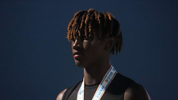 Florida High's Micahi Danzy stands atop the podium after winning the boys 400-meter run at the FHSAA Class 2A high school track and field championships on May 18, 2023 in Jacksonville. [Clayton Freeman/Florida Times-Union]