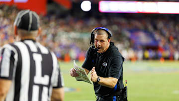 Sep 6, 2025; Gainesville, Florida, USA; Florida Gators head coach Billy Napier calls a timeout against the Florida Gators during the second half at Ben Hill Griffin Stadium. Mandatory Credit: Matt Pendleton-Imagn Images
