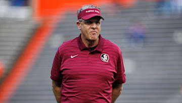 Nov 29, 2025; Gainesville, Florida, USA; Florida Gators offensive coordinator Gus Malzahn looks on before a game against the Florida Gators at Ben Hill Griffin Stadium. Mandatory Credit: Matt Pendleton-Imagn Images