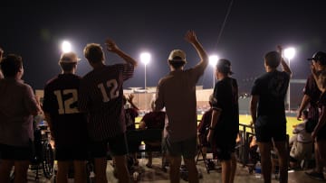 June 1, 2024; College Station, TX, USA; Texas A&M Aggies fans cheer during the second round of the NCAA baseball College Station Regional against the Texas Longhorns at Olsen Field College Station. Mandatory Credit: Dustin Safranek-USA TODAY Sports