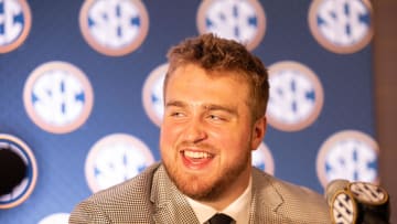 Jul 18, 2024; Dallas, TX, USA; Texas A&M offensive lineman Trey Zuhn III speaks to the media at Omni Dallas Hotel. Mandatory Credit: Brett Patzke-USA TODAY Sports