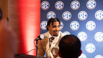 Jul 18, 2024; Dallas, TX, USA; Texas A&M linebacker Taurean York speaks to the media at Omni Dallas Hotel. Mandatory Credit: Brett Patzke-USA TODAY Sports