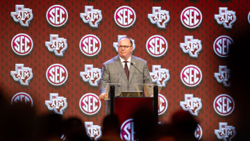 Jul 18, 2024; Dallas, TX, USA; Texas A&M head coach Mike Elko speaking at Omni Dallas Hotel. Mandatory Credit: Brett Patzke-USA TODAY Sports