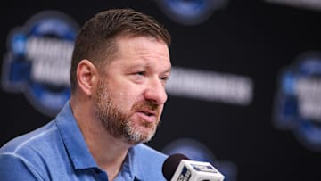 Mar 27, 2025; Atlanta, GA, USA; Mississippi Rebels head coach Chris Beard addresses the media in a press conference during NCAA Tournament South Regional Practice at State Farm Arena. Mandatory Credit: Brett Davis-Imagn Images