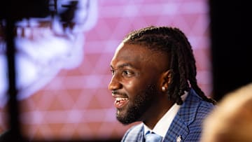 Jul 18, 2024; Dallas, TX, USA; Texas A&M defensive lineman Shemar Turner speaks to the media at Omni Dallas Hotel. Mandatory Credit: Brett Patzke-Imagn Images