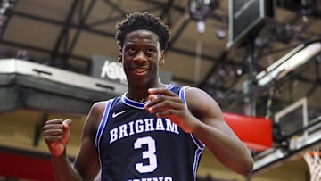 Nov 27, 2025; Kissimmee, Florida, USA; Brigham Young University Cougars forward AJ Dybantsa (3) reacts after play against the Miami (FL) Hurricanes in the second half at State Farm Field House. Mandatory Credit: Nathan Ray Seebeck-Imagn Images