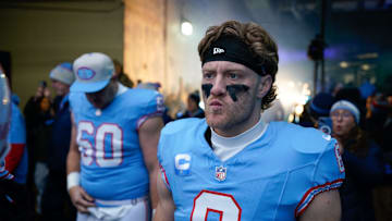 Tennessee Titans quarterback Will Levis (8) prepares to take the field before the game against the Houston Texans at Nissan Stadium in Nashville, Tenn., Sunday, Jan. 5, 2025.