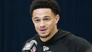 Feb 28, 2025; Indianapolis, IN, USA; Iowa Staet wideout Jaylin Noel (WO35) talks to the press during the 2025 NFL Combine at Indiana Convention Center. Mandatory Credit: Stephanie Amador Blondet-Imagn Images
