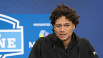 Feb 28, 2025; Indianapolis, IN, USA; Iowa State wideout Jayden Higgins (WO18) speaks at a press conference during the 2025 NFL Combine at Indiana Convention Center. Mandatory Credit: Stephanie Amador Blondet-Imagn Images
