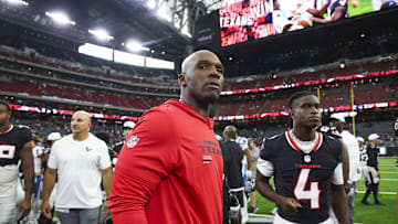 Aug 16, 2025; Houston, Texas, USA; Houston Texans head coach DeMeco Ryans walks on the field after the game against the Carolina Panthers at NRG Stadium. Mandatory Credit: Troy Taormina-Imagn Images