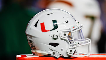 Oct 14, 2023; Chapel Hill, North Carolina, USA; Miami Hurricanes helmet sits on bench as the Hurricanes play against the North Carolina Tar Heels at Kenan Memorial Stadium. Mandatory Credit: Nell Redmond-Imagn Images