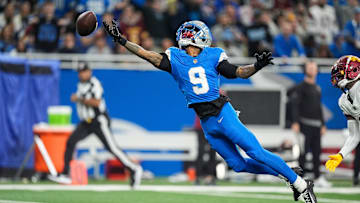 Detroit Lions wide receiver Jameson Williams (9) reacts for a pass intended for him against Washington Commanders during the first half of the NFC divisional round at Ford Field in Detroit on Saturday, Jan. 18, 2025.