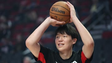 Oct 10, 2025; Portland, Oregon, USA;  Portland Trail Blazers center Yang Hansen  (17)  shoots the ball during warm ups before playing in a game against Sacramento Kings at Moda Center. Mandatory Credit: Jaime Valdez-Imagn Images
