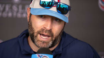 Tennessee Titans Head Coach Brian Callahan fields questions during rookie minicamp at Ascension Saint Thomas Sports Park in Nashville, Tenn., Friday, May 10, 2024.