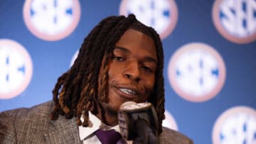 Jul 15, 2024; Dallas, TX, USA; LSU linebacker Harold Perkins speaking to the media at Omni Dallas Hotel. Mandatory Credit: Brett Patzke-USA TODAY Sports