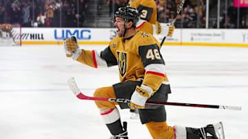 Mar 9, 2025; Las Vegas, Nevada, USA; Vegas Golden Knights center Tomas Hertl (48) celebrates after scoring a goal against the Los Angeles Kings during the second period at T-Mobile Arena. Mandatory Credit: Stephen R. Sylvanie-Imagn Images