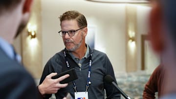 Nov 8, 2022; Las Vegas, NV, USA;  Toronto Blue Jays general manager Ross Atkins answers questions to the media during the MLB GM Meetings at The Conrad Las Vegas. Mandatory Credit: Lucas Peltier-Imagn Images