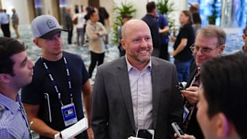 Nov 8, 2022; Las Vegas, NV, USA;  Houston Astros general manager James Click answers questions to the media during the MLB GM Meetings at The Conrad Las Vegas. Mandatory Credit: Lucas Peltier-Imagn Images