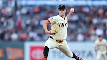 Aug 19, 2024; San Francisco, California, USA; San Francisco Giants pitcher Kyle Harrison (45) throws a pitch during the first inning against the Chicago White Sox at Oracle Park. Mandatory Credit: Sergio Estrada-Imagn Images