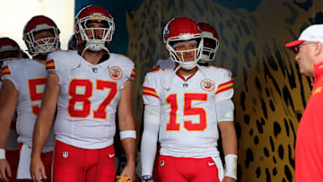 Kansas City Chiefs quarterback Patrick Mahomes (15) looks on next to tight end Travis Kelce (87) before a preseason NFL football game Saturday, Aug. 10, 2024 at EverBank Stadium in Jacksonville, Fla. The Jacksonville Jaguars defeated the Kansas City Chiefs 26-13. [Corey Perrine/Florida Times-Union]