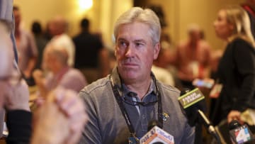 Mar 25, 2024; Orlando, FL, USA;  Jacksonville Jaguars head coach Doug Pederson talks to media during the NFL annual league meetings at the JW Marriott. 