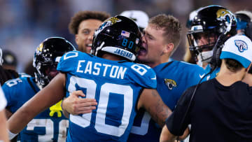 Jacksonville Jaguars quarterback Mac Jones (10) yells into the ear of wide receiver Brevin Easton (80) after Easton scored a touchdown during the fourth quarter of a preseason NFL football game Saturday, Aug. 17, 2024 at EverBank Stadium in Jacksonville, Fla. The Jacksonville Jaguars defeated the Tampa Bay Buccaneers 20-7. 
