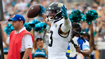 Jacksonville Jaguars wide receiver Christian Kirk (13) reacts to what he thought is a touchdown but ruled an incomplete pass during the fourth quarter of an NFL football matchup Sunday, Sept. 15, 2024 at EverBank Stadium in Jacksonville, Fla. The Browns defeated the Jaguars 18-13. 