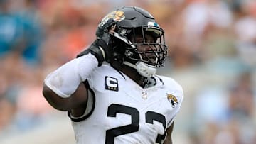 Jacksonville Jaguars linebacker Foyesade Oluokun (23) reacts to his sack of Cleveland Browns quarterback Deshaun Watson (4) during the third quarter of an NFL football matchup Sunday, Sept. 15, 2024 at EverBank Stadium in Jacksonville, Fla. The Browns defeated the Jaguars 18-13. 