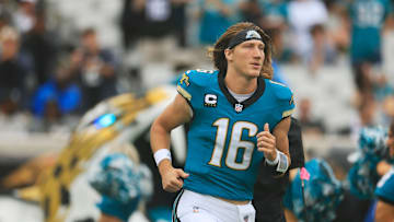 Jacksonville Jaguars quarterback Trevor Lawrence (16) runs on the field before an NFL football matchup Sunday, Oct. 6, 2024 at EverBank Stadium in Jacksonville, Fla. The Jaguars edged the Colts on a field goal 37-34. [Corey Perrine/Florida Times-Union]