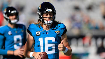 Jacksonville Jaguars quarterback Trevor Lawrence (16) gives a thumbs up before an NFL football matchup Sunday, Dec. 1, 2024 at EverBank Stadium in Jacksonville, Fla. [Corey Perrine/Florida Times-Union]