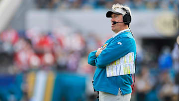 Jacksonville Jaguars head coach Doug Pederson looks on before challenging a Jets touchdown during the third quarter Sunday, Dec. 15, 2024 at EverBank Stadium in Jacksonville, Fla. The Jets held off the Jaguars 32-25. 