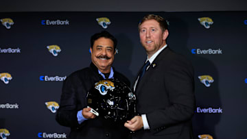 Jaguars owner Shad Khan, left, poses for a photo with new Jacksonville Jaguars head coach Liam Coen during a press conference Monday, Jan. 27, 2025 at the Miller Electric Center in Jacksonville, Fla.