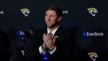 New Jacksonville Jaguars head coach Liam Coen claps after speaking and being introduced during a press conference Monday, Jan. 27, 2025 at the Miller Electric Center in Jacksonville, Fla. [Corey Perrine/Florida Times-Union]