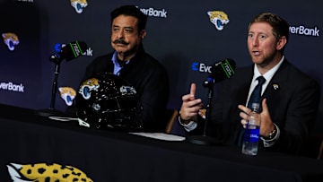 New Jacksonville Jaguars head coach Liam Coen fields questions from media after speaking and being introduced during a press conference next to owner Shad Khan Monday, Jan. 27, 2025 at the Miller Electric Center in Jacksonville, Fla. 
