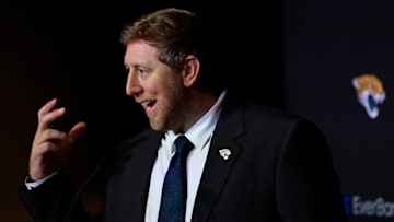 New Jacksonville Jaguars head coach Liam Coen speaks after being introduced during a press conference Monday, Jan. 27, 2025 at the Miller Electric Center in Jacksonville, Fla. [Corey Perrine/Florida Times-Union]