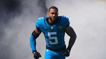 Jacksonville Jaguars safety Andre Cisco (5) is introduced before an NFL football matchup Sunday, Oct. 27, 2024 at EverBank Stadium in Jacksonville, Fla. The Packers edged the Jaguars 30-27 on a last-second field goal.