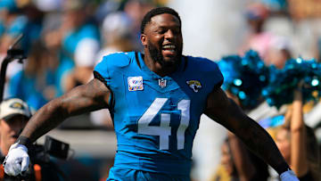 Jacksonville Jaguars defensive end Josh Hines-Allen (41) is introduced before an NFL football matchup Sunday, Oct. 27, 2024 at EverBank Stadium in Jacksonville, Fla. The Packers edged the Jaguars 30-27 on a last-second field goal. [Corey Perrine/Florida Times-Union]