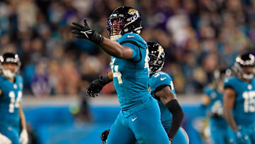 Jacksonville Jaguars linebacker Travon Walker (44) reacts to his sack on Baltimore Ravens quarterback Lamar Jackson (8), not shown, during the first quarter of a regular season NFL football matchup Sunday, Dec. 17, 2023 at EverBank Stadium in Jacksonville, Fla. The Baltimore Ravens defeated the Jacksonville Jaguars 23-7. [Corey Perrine/Florida Times-Union]