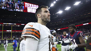 Jan 13, 2024; Houston, Texas, USA; Cleveland Browns quarterback Joe Flacco (15) on the field after a 2024 AFC wild card game against the Houston Texans at NRG Stadium. Mandatory Credit: Troy Taormina-Imagn Images